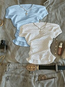 IslaSuriya 2件組女款夏季波點印花百褶露肩T恤 - 淺藍色 - 查看 4