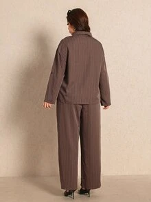 Elaquor Plus Size Casual Minimalist Basic Striped Women's 2 Pieces Set, Loose Fit - Coffee Brown - View 2