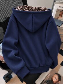 SHEIN 青少年女孩秋季灰色拉鍊落肩長袖寬鬆休閒衛衣外套，寬鬆抓絨內裡基礎休閒衛衣外套 - 藍色 - 查看 2