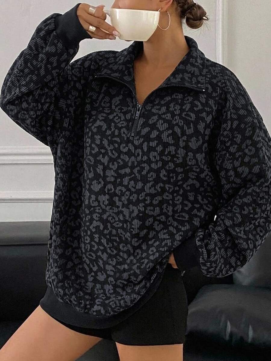 Livesso 女款豹紋半拉鍊落肩長袖休閒運動衫 - 黑色 - 查看 1