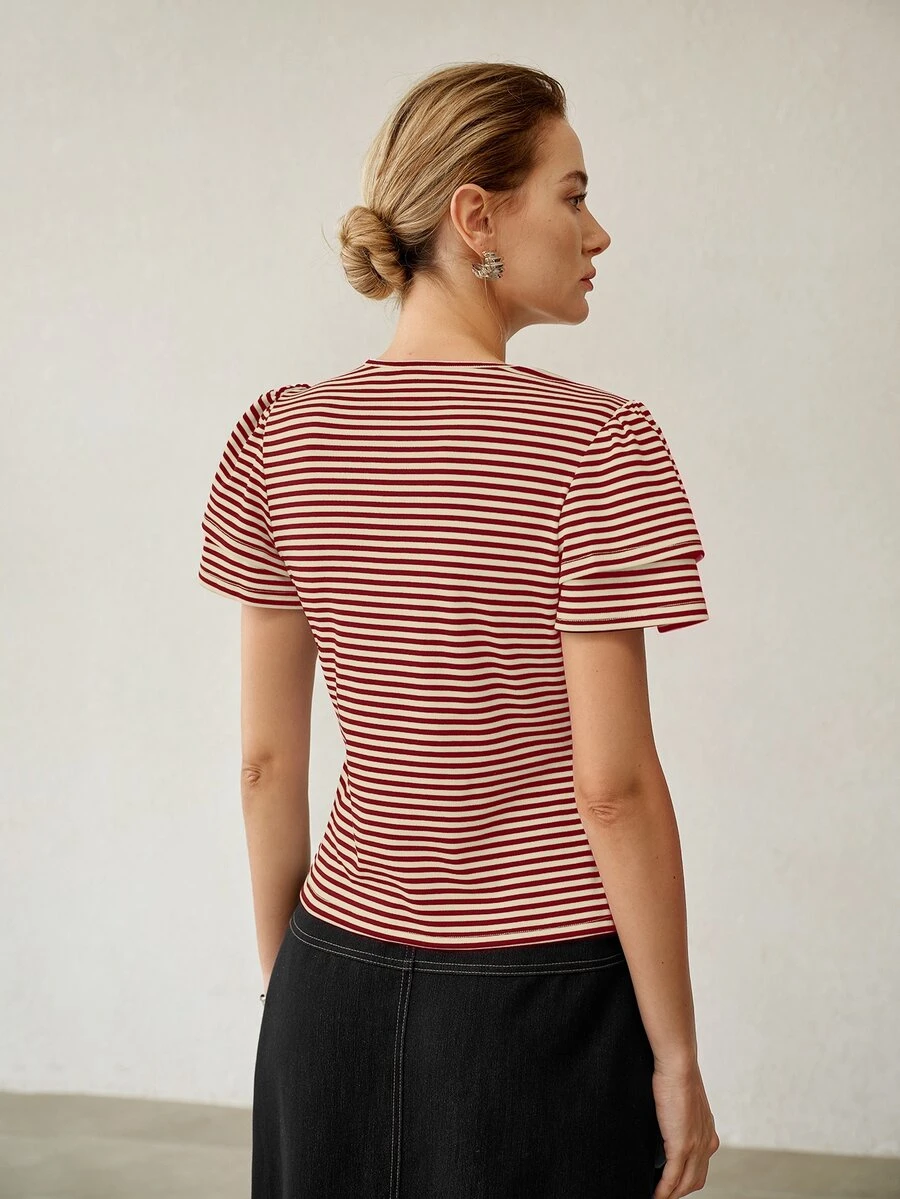 MOTF PREMIUM WOMEN'S CASUAL DOUBLE LAYER RUFFLE SLEEVE ROUND NECK STRIPED T-SHIRT - Burgundy - View 2