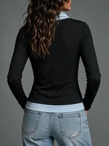 INAWLY Women's 2 In 1 Patchwork Casual Daily Long Sleeve Top - Black - View 2