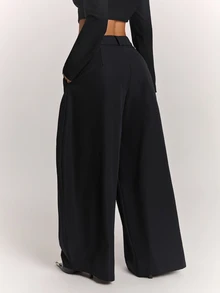 SHEIN BAE 女款素色百褶寬腿寬鬆休閒西裝長褲 - 黑色 - 查看 2