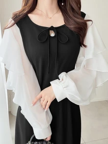 FRIFUL Women's Colorblock Patchwork Ruffle Long Sleeve Front Tie Elegant Dress - Black - View 4