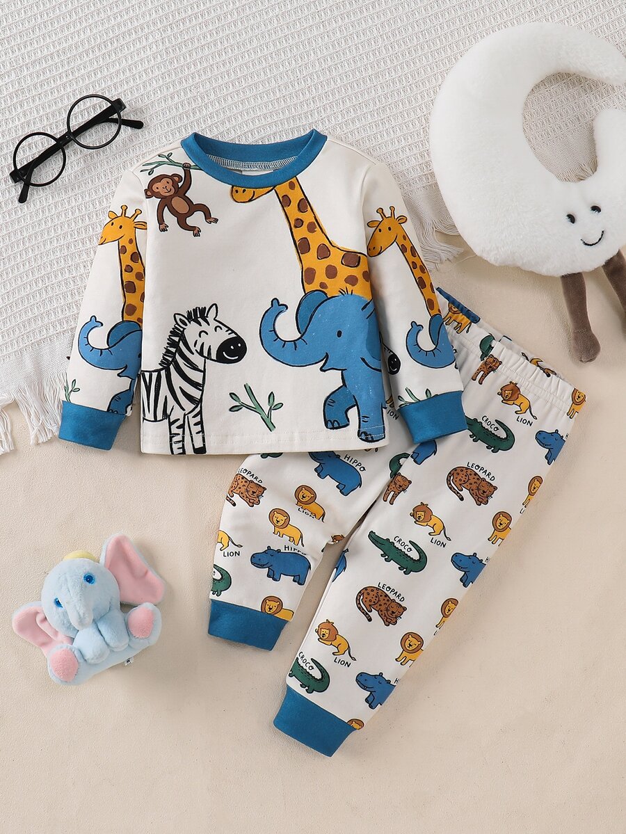 SHEIN Baby Boy Cartoon Animal Print Long Sleeve Crew Neck Top And Pants Loungewear Set - Multicolor - View 1