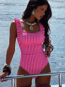 SHEIN Swim Spring/Summer Best-Selling Beach Vacation Casual Striped Print Ruffle Cuff Adjustable Strap Ruched Waist Top + Striped Print Triangle Bikini Bottom 2 Pieces Tank Bikini Set - Multicolor - View 3