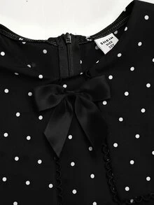 SHEIN Tween少女青少年女童洋裝 初秋休閒優雅黑白波點印花收腰洋裝 女孩洋裝 波點洋裝 - 黑色 - 查看 3