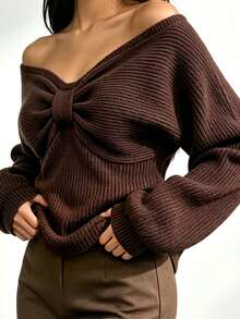 Dulcita Women's Autumn/Winter Solid Gray Off-Shoulder Bow Knot Twisted Knit Sweater, Loose Cold Shoulder Long Sleeve Cropped Top, Sexy Style - Grey - View 3