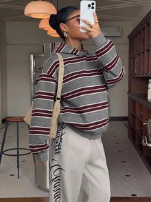Muchica 紅灰條紋學院風連帽衛衣，極簡休閒百搭日常穿搭，適合約會、旅行、通勤與機場造型，秋季女款大尺碼上衣 - 彩色 - 查看 4