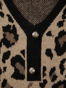 SHEIN Women Leopard Print V‑Neck Knit Mini Dress, Contrast Trim Button Detail Long Sleeve Bodycon Sweater - Multicolor - View 7