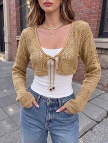 Cévolie Women's Bohemian Style Hollow Out Vintage Vacation Daily Commute Lace-Up Wooden Bead Small Jacket - Apricot - View 4