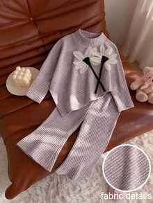 SHEIN Playful Pals 女嬰春夏秋冬休閒親子套裝 T-shirt，不對稱套頭長袖高領刷毛淺粉色羅紋布料 3D 花朵 - 粉色 - 查看 1