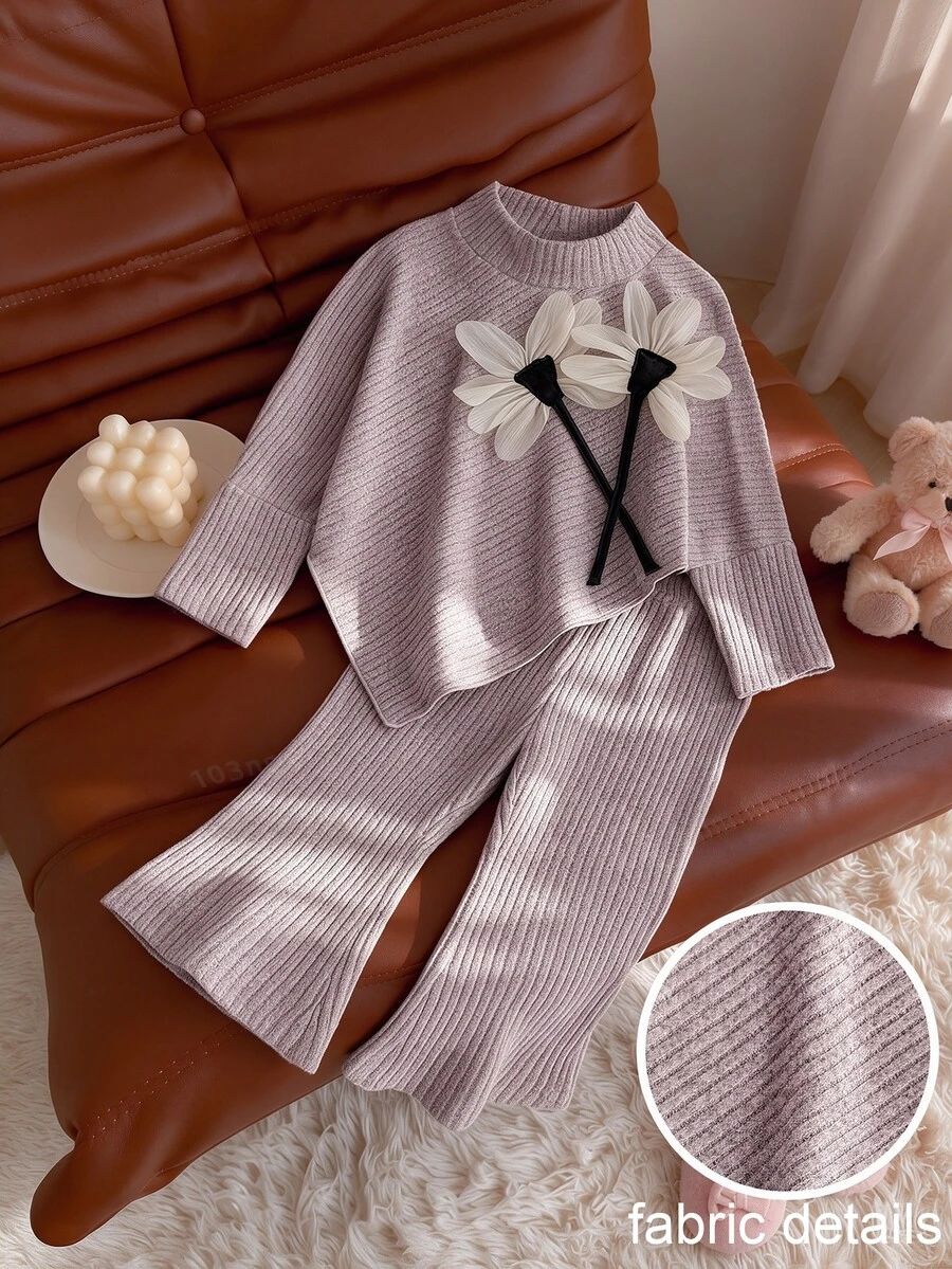 SHEIN Playful Pals 女嬰春夏秋冬休閒親子套裝 T-shirt,不對稱套頭長袖高領刷毛淺粉色羅紋布料 3D 花朵 - 粉色 - 查看 1