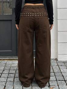 Dazy Plus Loose Fit Solid Color Street Casual Curved Leg Long Jeans With Rivet Design, Spring/Autumn/Winter - Brown - View 1