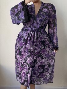 SHEIN 成熟優雅緞面細肩帶洋裝 花卉圖案網紗晨袍 大尺碼睡衣 2件套 - 黃色 - 查看 6