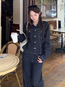 DAZY Women's Long Sleeve Single-Breasted Casual Denim Jacket - Blue - View 3