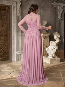 Serin Elegant Luxurious Stretch Lace Patchwork Decor With 3D Pleats, Floor-Length A-Line Formal Evening Gown For Vacation, Party, Birthday, Gala And Formal Occasions (Intricate Design) - Pink - View 3