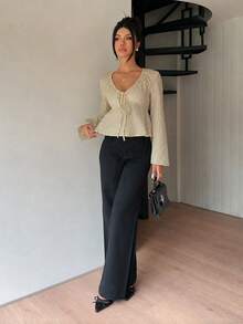Siren Gaze 秋季女款條紋深V領修身長袖T恤，適合度假、派對、約會、節慶，Y2K風格，優雅休閒正式商務鄉村風 - 薄荷綠 - 查看 5