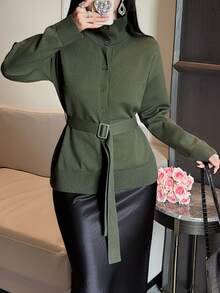DAZY Green Collared Tie Waist Loose Long Sleeve Elegant Casual Versatile Knit Cardigan - Grey - View 9