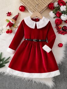 SHEIN Elladie kids 女童白色人造毛與紅色絨毛A字領口聖誕洋裝，優雅時尚舒適簡約，適合日常穿著與外出，適用於春、秋、冬季 - 紅白色 - 查看 5