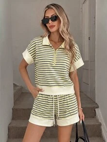SHEIN LUNE 女款休閒夏季度假通勤日常基礎時尚套裝 條紋短袖上衣與短褲 2件組 - 灰色 - 查看 3