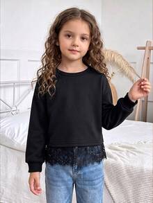 SHEIN Elladie kids Girls' Round Neck Knitted Solid Color Long Sleeve Sweatshirt, Lace Trim Hem, Autumn/Winter Fashion Top - Black - View 4