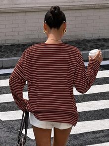 Muchica 休閒極簡風酒紅條紋圓領長袖寬鬆上衣，適合夏季、秋季、日常通勤、聚會、秋冬/夏季、聖誕節、新年、感恩節、派對、婚禮、海灘、畢業典禮、優雅、外出、約會、通勤、情人節、優雅、度假、Y2K、畢業典禮等場合 - 彩色 - 查看 2