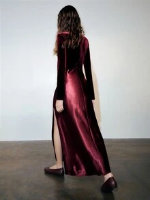 MOTF PREMIUM VELVET LACE SATIN PATCHWORK SLIT DRESS - Burgundy - View 3