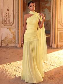 Aureia One-Shoulder Ruched Draped Design Elegant Bridesmaid Formal Evening Gown (Heavy Embellished Style) - Yellow - View 1