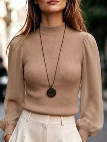 Wandoria French Style Semi-High Neck Ribbed Knit Body With Chiffon Patchwork Puff Long Sleeve Slim Fit Flattering Commuter Elegant Base Layer Top - Khaki - View 4