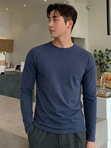 DAZY 春秋款男士海軍藍長袖圓領T恤 - 藏蓝色 - 查看 3