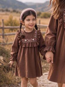 LMoss Kids Infant & Baby GirlVintage Pastoral Style Long Sleeve Dress, Coffee Color Ruffle Flutter Sleeve, Spring/Autumn, Chic Versatile Outfit For Outings - Multicolor - View 3