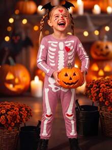 Elladie kids Girls' Skull Print Slim Fit Jumpsuit, Soft Fabric, Back Zipper Easy To Wear, Suitable For Halloween, Party, Outing And More - Pink - View 1