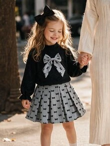 SHEIN Elladie kids 女童刺繡喇叭袖荷葉邊飾T恤與蝴蝶結裝飾百褶迷你裙套裝 - 黑色 - 查看 7
