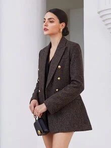 BELROSIE Women's Blazer Oversized Tweed Double Breasted Gold Button Notch Lapel Flap Pockets Elegant Dark Brown Plain Fall Clothes For Women Thanksgiving - Multicolor - View 1