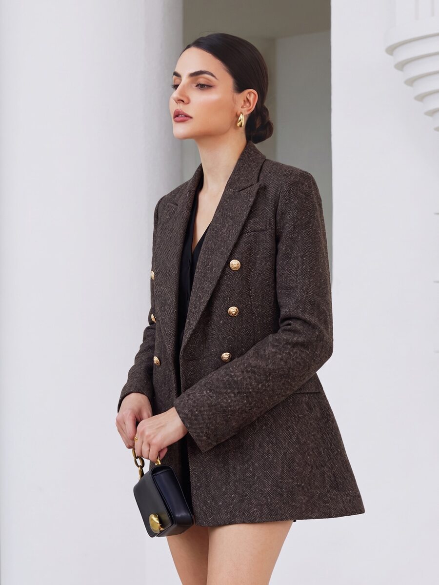 BELROSIE Women's Blazer Oversized Tweed Double Breasted Gold Button Notch Lapel Flap Pockets Elegant Dark Brown Plain Fall Clothes For Women Thanksgiving - Multicolor - View 1