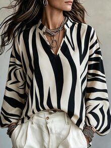 Louniche Women's Summer Apricot Stand Collar Split V Neck Lantern Long Sleeve Loose Long Tunic Blouse - Apricot - View 1