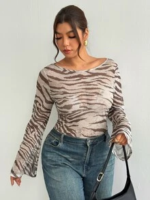 Firerie Plus Size Women's Animal Zebra Print Mesh Flare Sleeve Fitted Top Fall, Fall/Winter, Thanksgiving, New Year - Multicolor - View 5