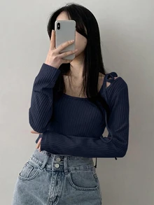 DAZY 女款春夏/秋冬休閒羅紋針織繫帶不對稱肩偽兩件式T恤 - 紅色 - 查看 4