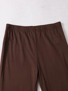 SHEIN 女童海軍藍摺腰馬術小馬印花喇叭褲，彈性百搭修身喇叭運動長褲，舒適春秋日常校園休閒外穿 - 棕色 - 查看 6