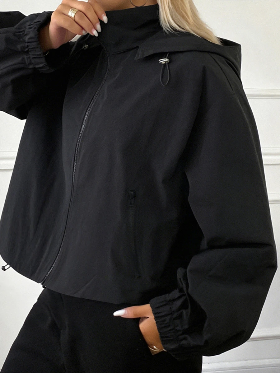 Dazy Plus Plus Size Women's Long Sleeve Zipper Stand Collar Hooded Outdoor Jacket - Black - View 1