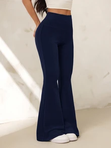 SHEIN PETITE Women's Solid Color High Waist Casual Versatile Daily Flare Pants - Navy Blue - View 4