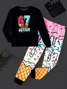SHEIN Tween Boys Fitted Loungewear Pajama Set, Cartoon Print, Casual Fashion Creative Personalized - Multicolor - View 8