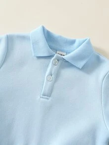 SHEIN 中性新生兒嬰兒男/女童、幼兒 2 件組秋冬保暖內裡加厚可愛學院風熊圖案吊帶褲與運動衫套裝，Polo 套裝，嬰兒冬季穿搭，聖誕節 - 藏蓝色 - 查看 5