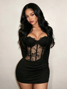 BamGleam 2026 Autumn/Winter Early Autumn Long Sleeve Sheer Lace Underwire Boning Cup Knit Party Date Women's Short Dress - Black - View 5
