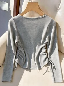 GlowEve CURVE Plus Size Elegant V-Neck Solid Color Ribbed Knit Long Sleeve T-Shirt, Slimming Waist Drawstring Single-Breasted Design, Suitable For Daily Commute, Versatile Party And Travel Outfit Top - Grey - View 2