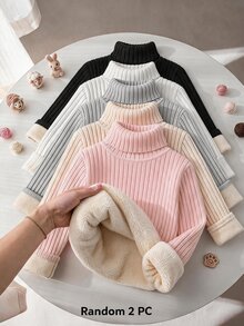 SHEIN 女童隨機 2 件組 羅紋針織高領毛衣 冬季返校長袖套頭上衣 - 彩色 - 查看 7