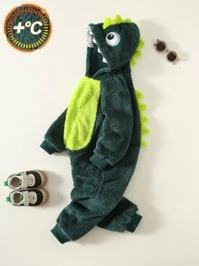 SHEIN Kids Young Boy Casual Cute Dinosaur Cartoon Hat Plush Long Sleeve Long Pants Jumpsuit Suitable For Spring Summer Autumn Winter - Multicolor - View 3