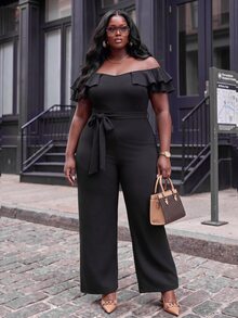 Slaydiva Plus Size Off Shoulder Ruffle Jumpsuit, High Waist Wide Leg Long Pants With Belt, Curvy Formal Party Outfit - Black - View 8