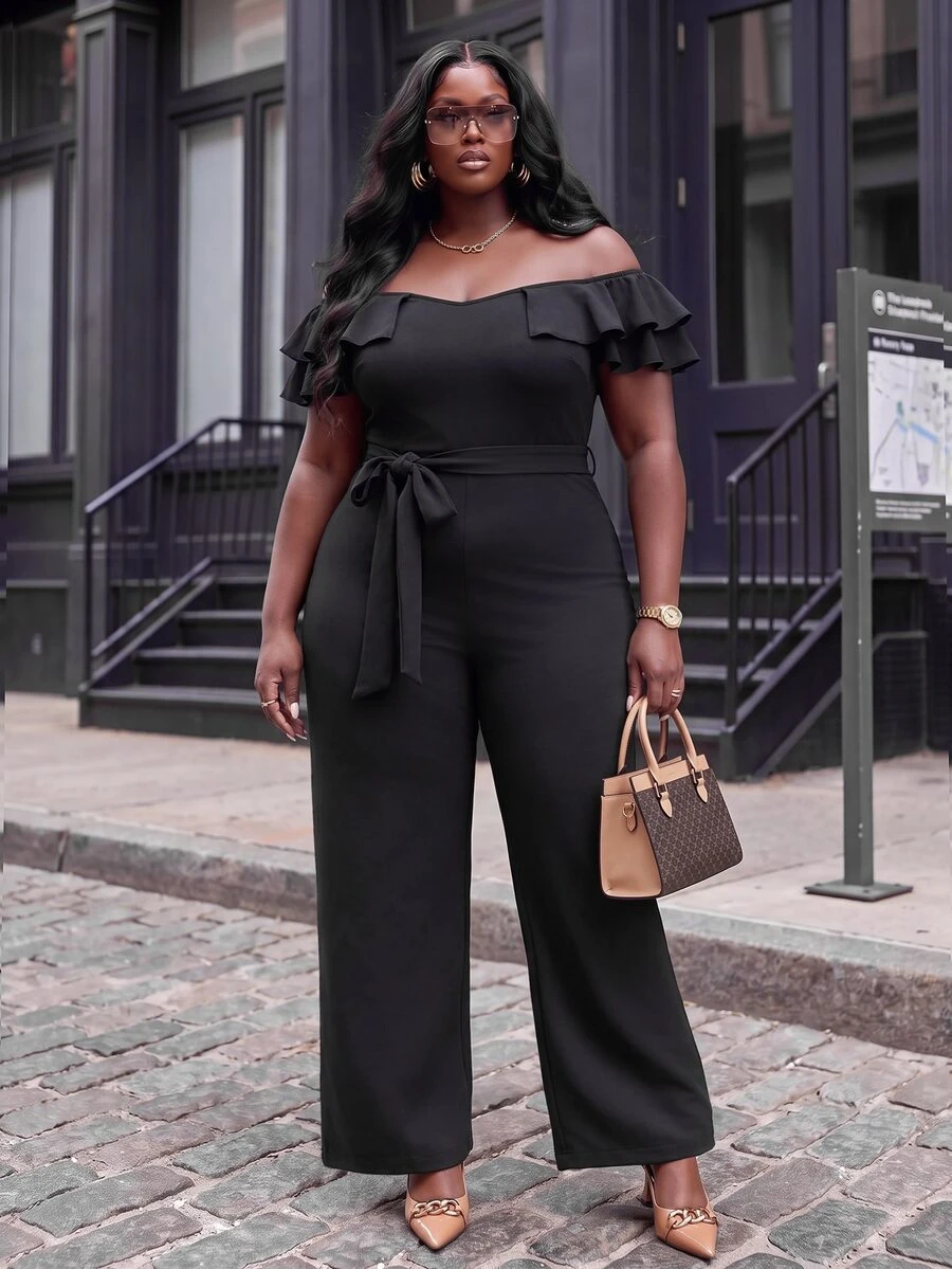 Slaydiva Plus Size Off Shoulder Ruffle Jumpsuit, High Waist Wide Leg Long Pants With Belt, Curvy Formal Party Outfit